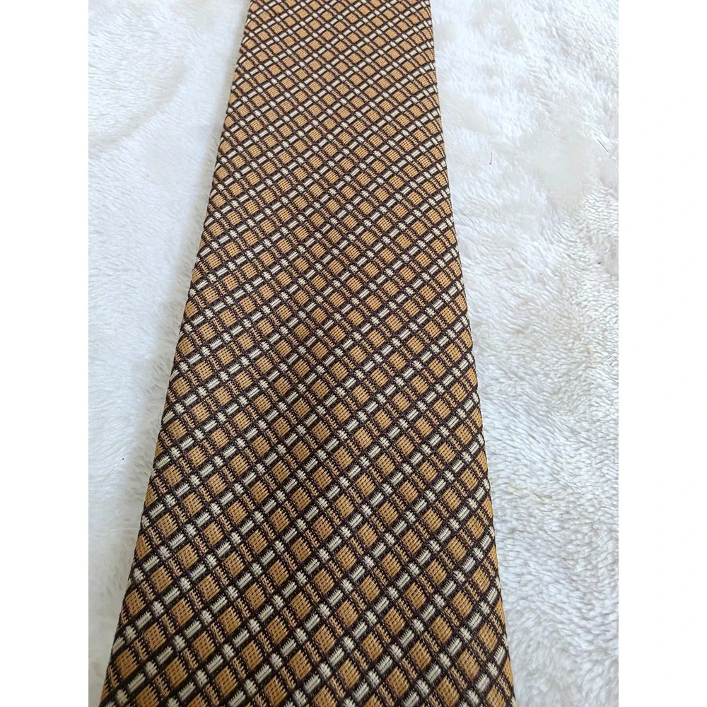 Carnaval Pure Silk Necktie Mens Brown Tan Geometric Micro‎ Check Dress Tie